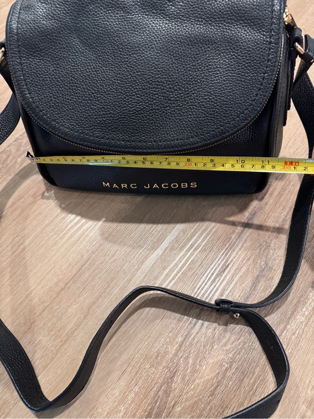 Marc Jacobs Black Pebbled Leather Flap Crossbody with Gold Logo